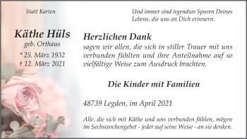 Traueranzeige von Käthe Hüls von Münstersche Zeitung und Münsterland Zeitung