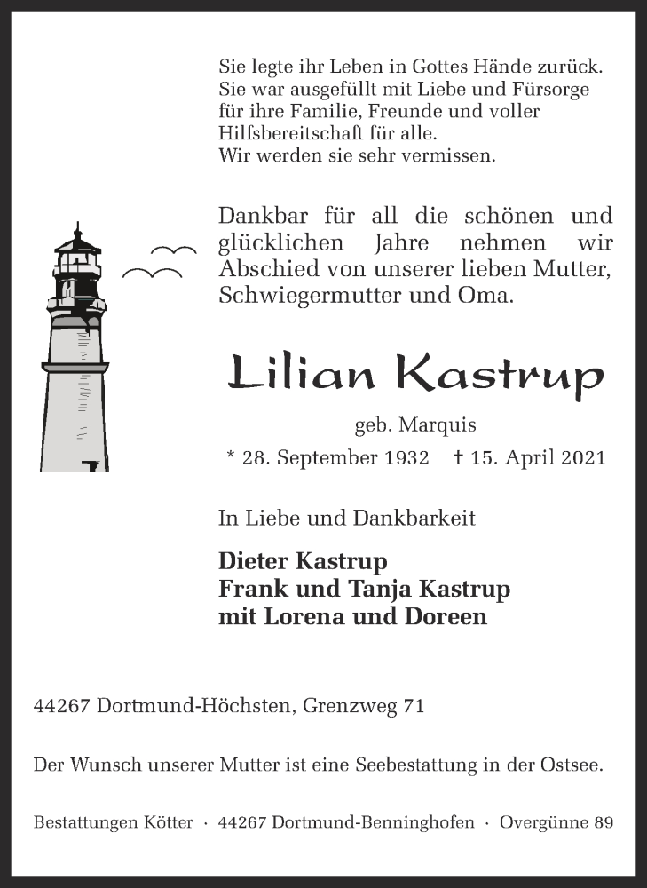  Traueranzeige für Lilian Kastrup vom 21.04.2021 aus 