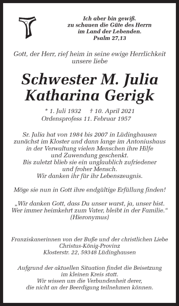 Traueranzeige von M. Julia Katharina Gerigk von Ruhr Nachrichten
