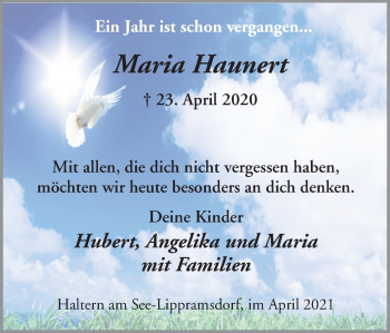 Traueranzeige von Maria Haunert von Ruhr Nachrichten und Halterner Zeitung