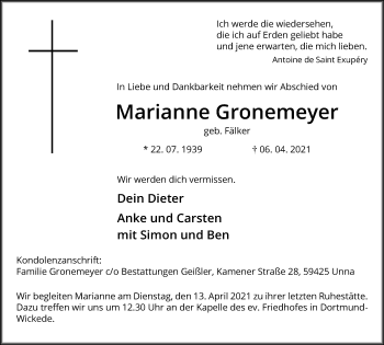 Traueranzeige von Marianne Gronemeyer 