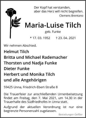 Traueranzeige von Marie-Luise Tilch von Hellweger Anzeiger