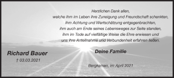 Traueranzeige von Richard Bauer von Hellweger Anzeiger