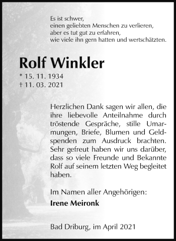 Traueranzeige von Rolf Winkler 