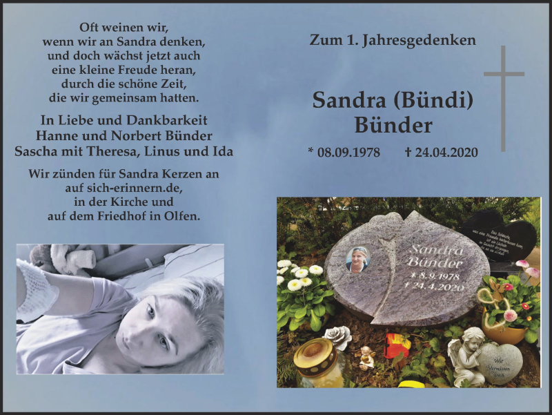  Traueranzeige für Sandra Bünder vom 24.04.2021 aus Ruhr Nachrichten