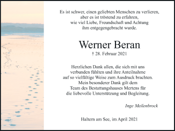 Traueranzeige von Werner Beran von Ruhr Nachrichten und Halterner Zeitung
