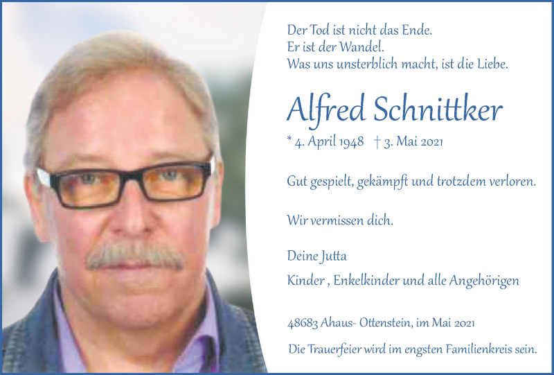  Traueranzeige für Alfred Schnittker vom 06.05.2021 aus Münstersche Zeitung und Münsterland Zeitung