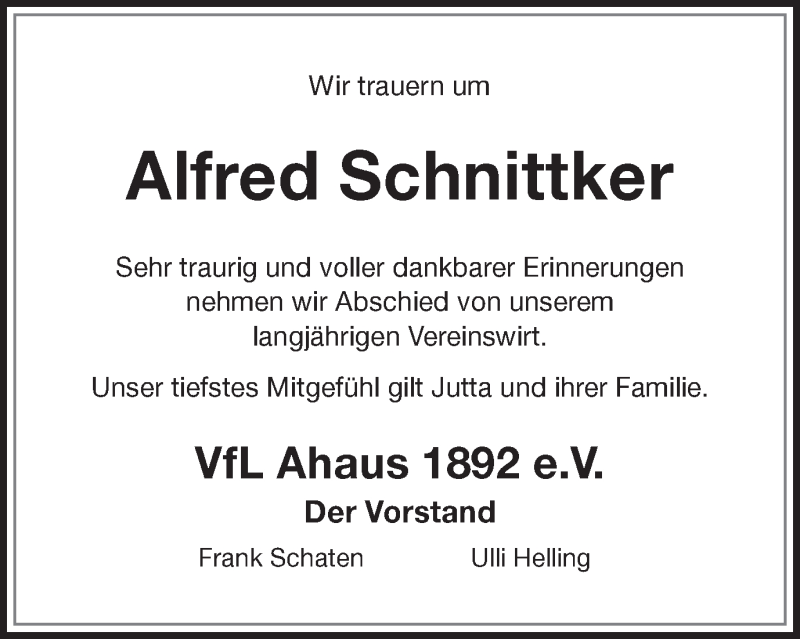  Traueranzeige für Alfred Schnittker vom 08.05.2021 aus Münstersche Zeitung und Münsterland Zeitung