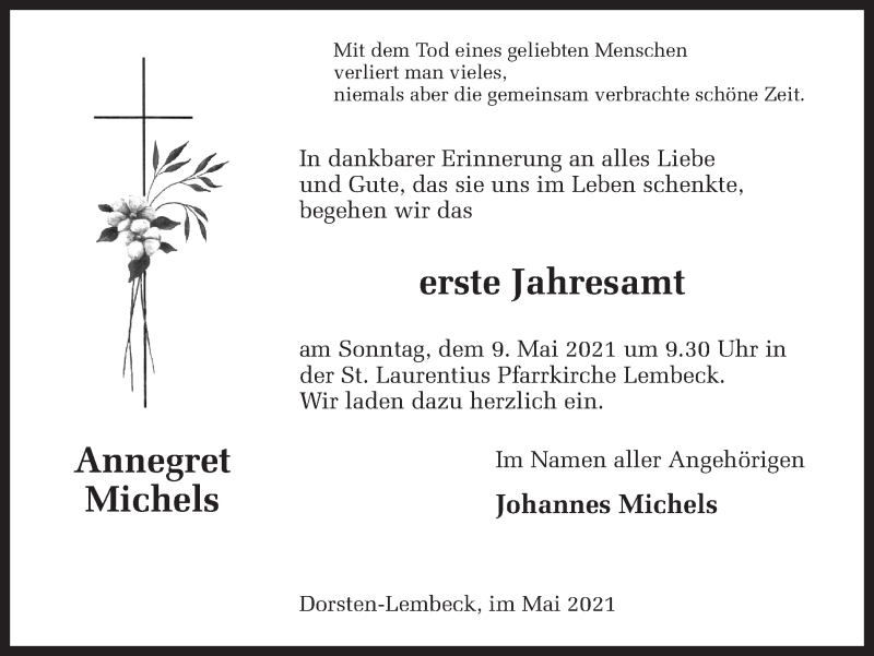  Traueranzeige für Annegret Michels vom 06.05.2021 aus Ruhr Nachrichten und Dorstener Zeitung