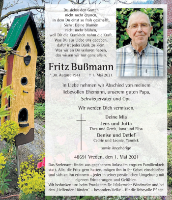 Traueranzeige von Fritz Bußmann von Münstersche Zeitung und Münsterland Zeitung