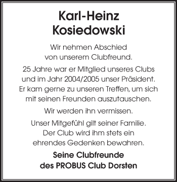 Traueranzeige von Karl-Heinz Kosiedowski von Ruhr Nachrichten und Dorstener Zeitung