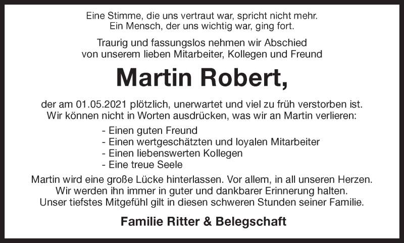  Traueranzeige für Martin Robert vom 07.05.2021 aus Münstersche Zeitung und Münsterland Zeitung