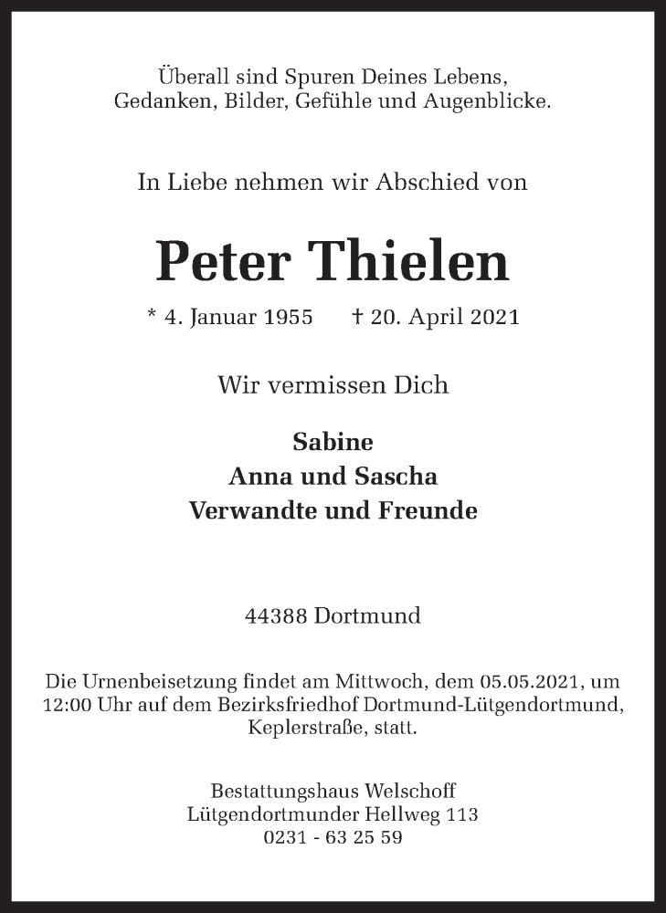  Traueranzeige für Peter Thielen vom 01.05.2021 aus 