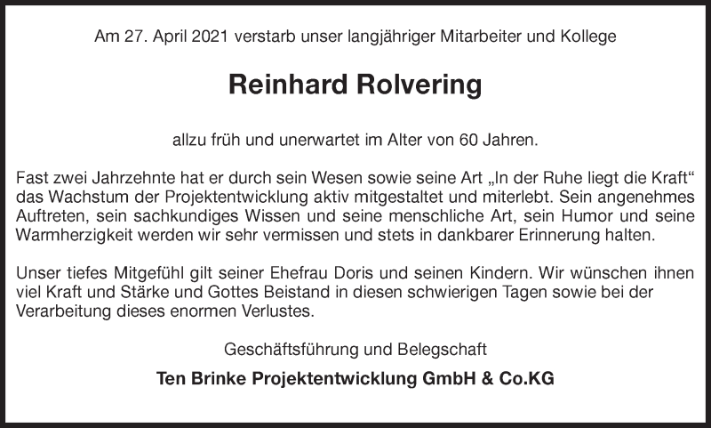  Traueranzeige für Reinhard Rolvering vom 01.05.2021 aus Münstersche Zeitung und Münsterland Zeitung