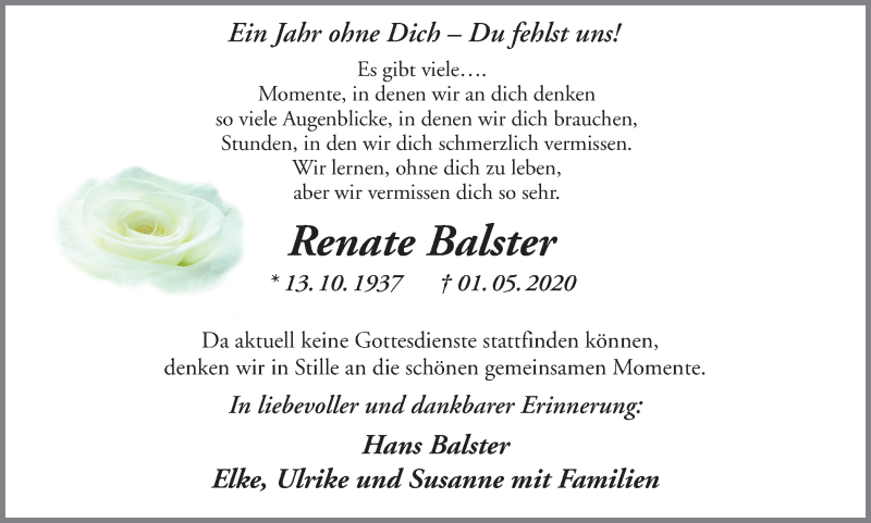  Traueranzeige für Renate Balster vom 01.05.2021 aus Ruhr Nachrichten und Halterner Zeitung