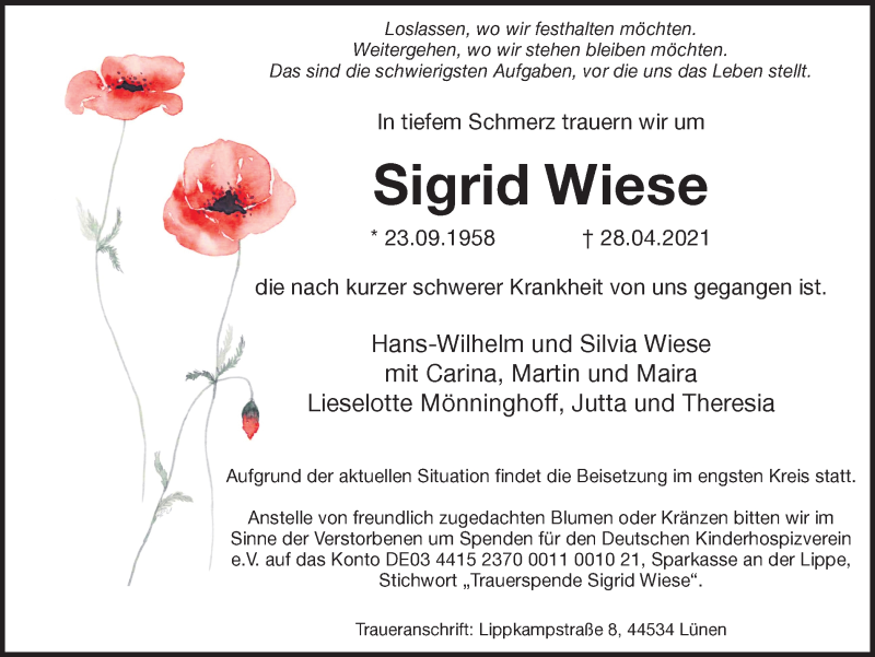  Traueranzeige für Sigrid Wiese vom 08.05.2021 aus Ruhr Nachrichten