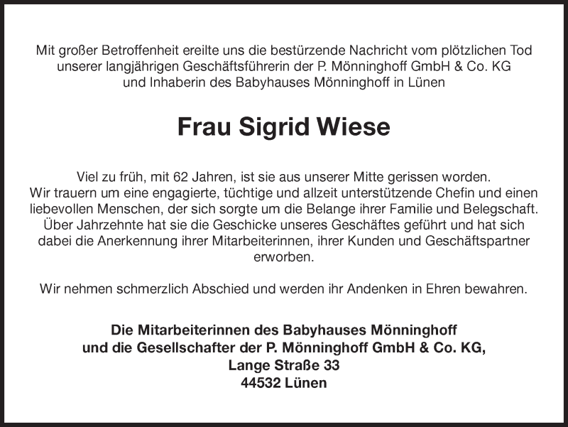  Traueranzeige für Sigrid Wiese vom 08.05.2021 aus Ruhr Nachrichten
