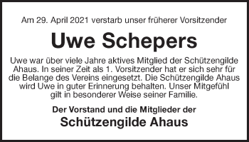 Traueranzeige von Uwe Schepers von Münstersche Zeitung und Münsterland Zeitung