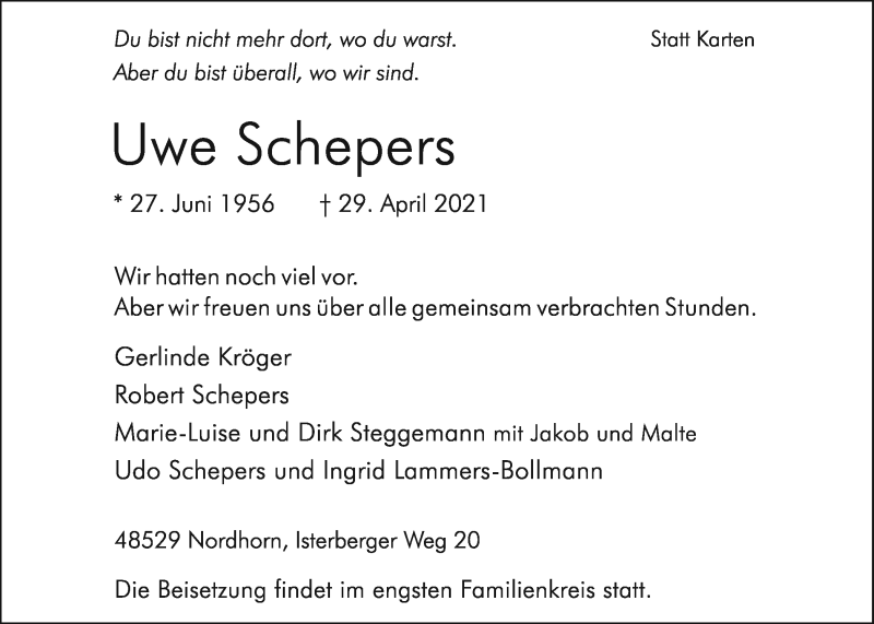  Traueranzeige für Uwe Schepers vom 04.05.2021 aus Münstersche Zeitung und Münsterland Zeitung