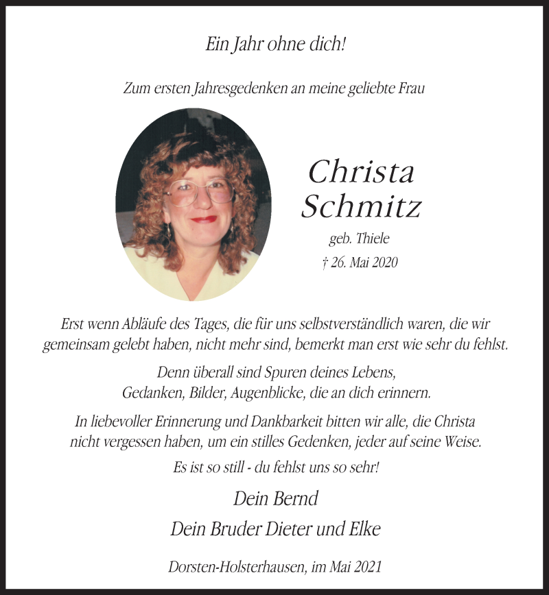  Traueranzeige für Christa Schmitz vom 26.05.2021 aus Ruhr Nachrichten und Dorstener Zeitung