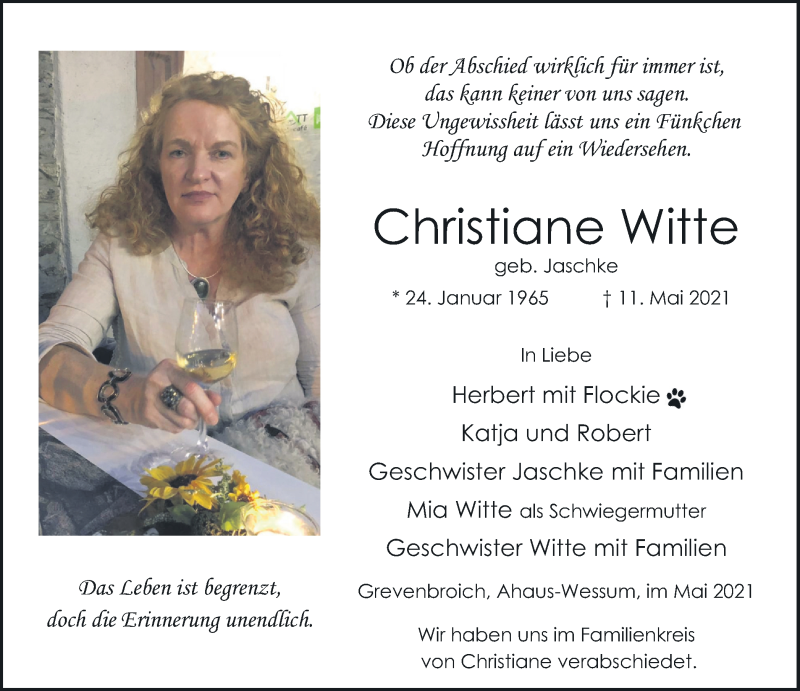  Traueranzeige für Christiane Witte vom 26.05.2021 aus Münstersche Zeitung und Münsterland Zeitung