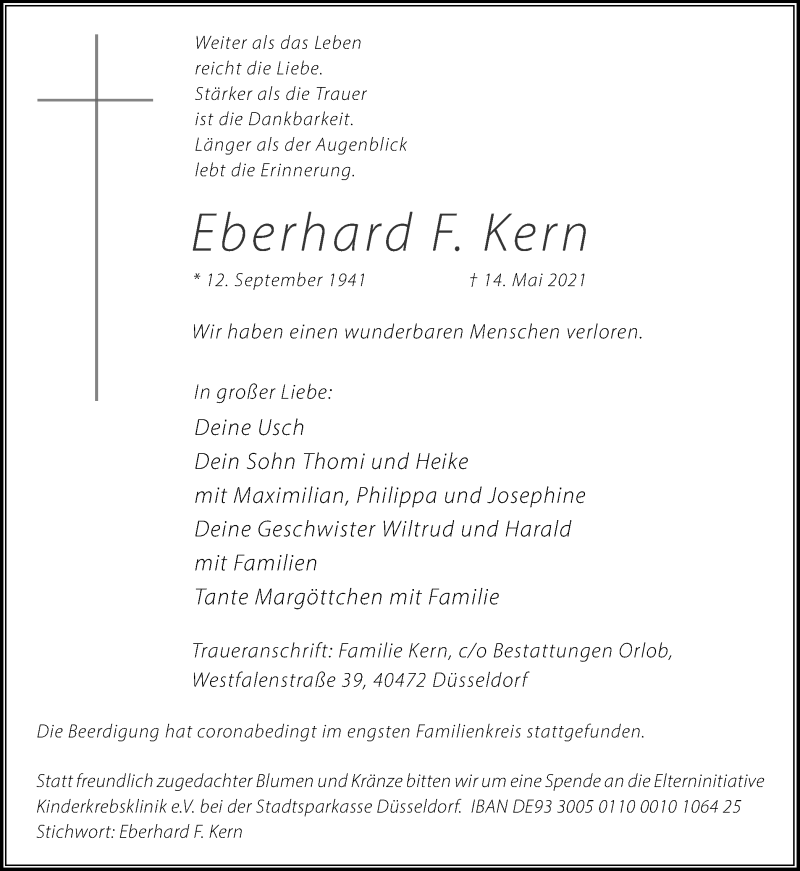 Traueranzeige für Eberhard F. Kern vom 29.05.2021 aus 