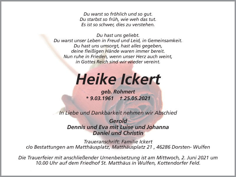  Traueranzeige für Heike Ickert vom 29.05.2021 aus Ruhr Nachrichten und Dorstener Zeitung