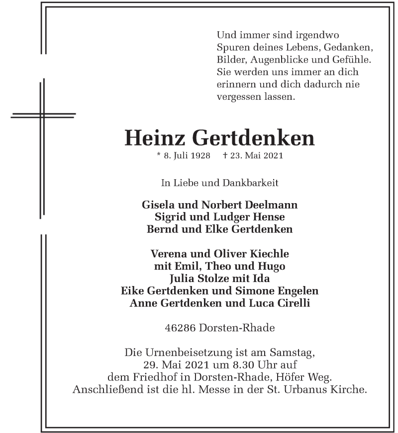  Traueranzeige für Heinz Gertdenken vom 26.05.2021 aus Ruhr Nachrichten und Dorstener Zeitung