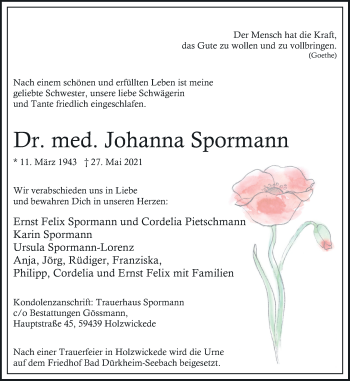 Traueranzeige von Johanna Spormann 