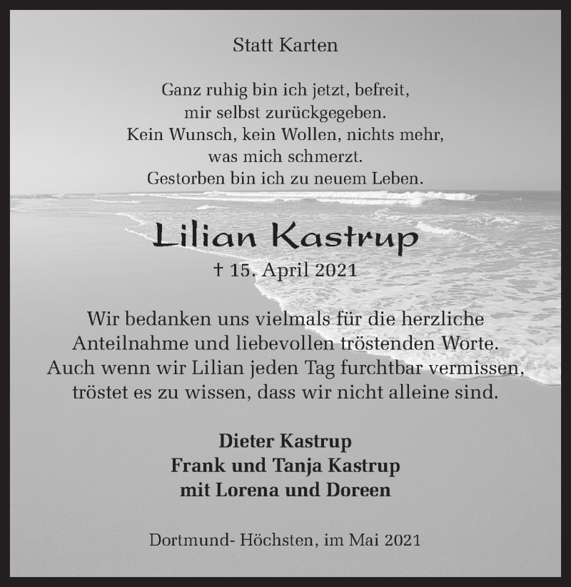  Traueranzeige für Lilian Kastrup vom 15.05.2021 aus 