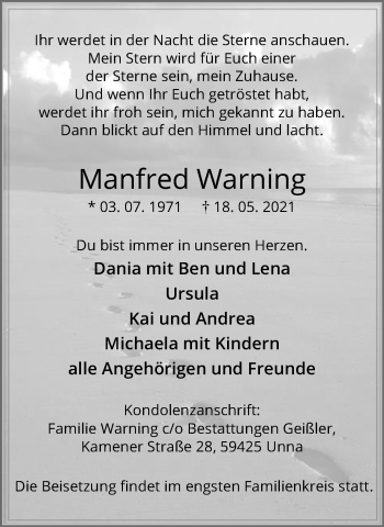 Traueranzeige von Manfred Warning von Hellweger Anzeiger