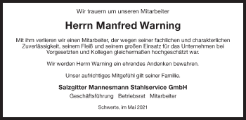 Traueranzeige von Manfred Warning von Hellweger Anzeiger