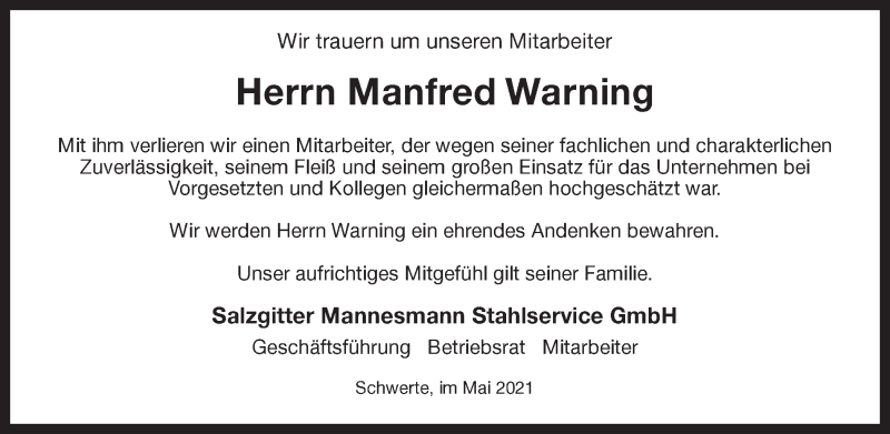  Traueranzeige für Manfred Warning vom 29.05.2021 aus Hellweger Anzeiger