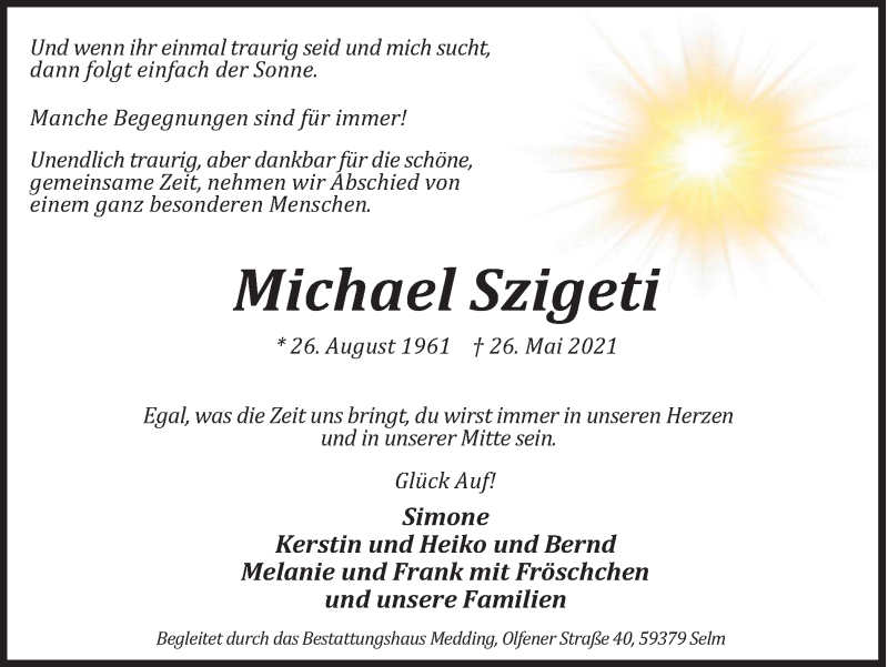  Traueranzeige für Michael Szigeti vom 29.05.2021 aus Ruhr Nachrichten