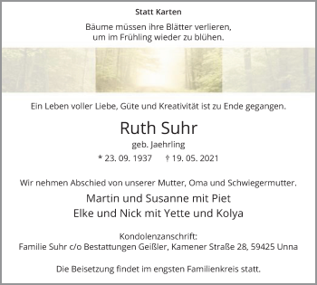 Traueranzeige von Ruth Suhr von Hellweger Anzeiger