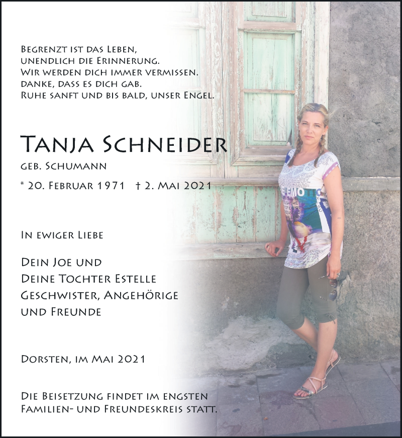  Traueranzeige für Tanja Schneider vom 21.05.2021 aus Ruhr Nachrichten und Dorstener Zeitung