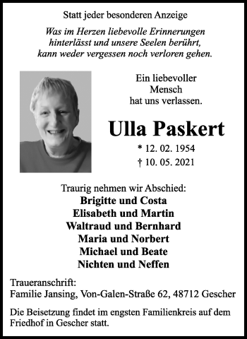 Traueranzeige von Ulla Paskert von Ruhr Nachrichten und Halterner Zeitung