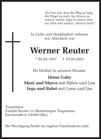 Traueranzeige von Werner Reuter von Ruhr Nachrichten