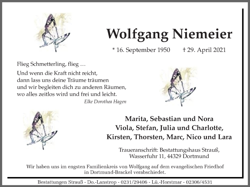  Traueranzeige für Wolfgang Niemeier vom 19.05.2021 aus 