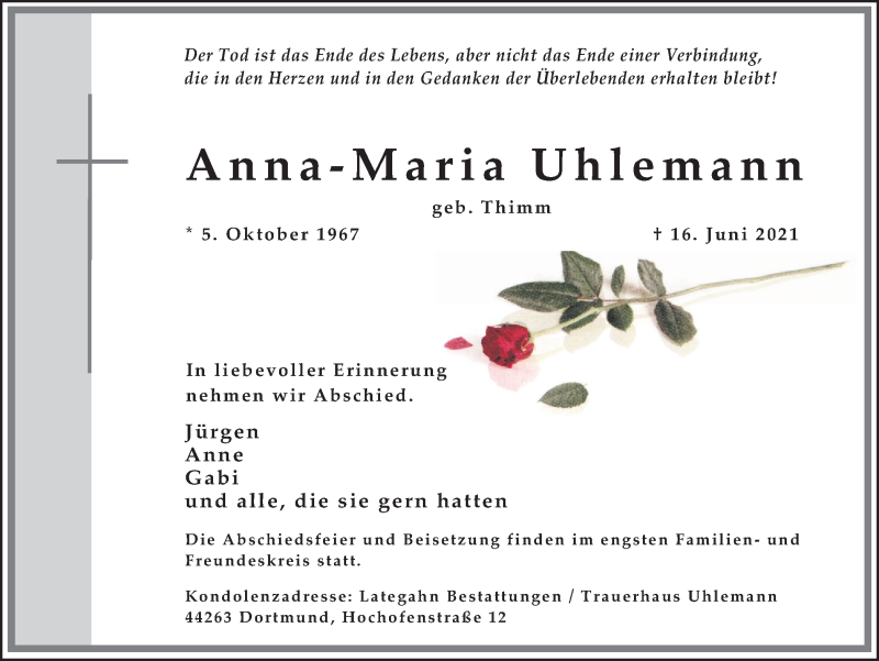  Traueranzeige für Anna-Maria Uhlemann vom 23.06.2021 aus 