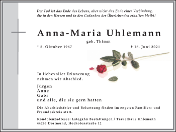 Traueranzeige von Anna-Maria Uhlemann 