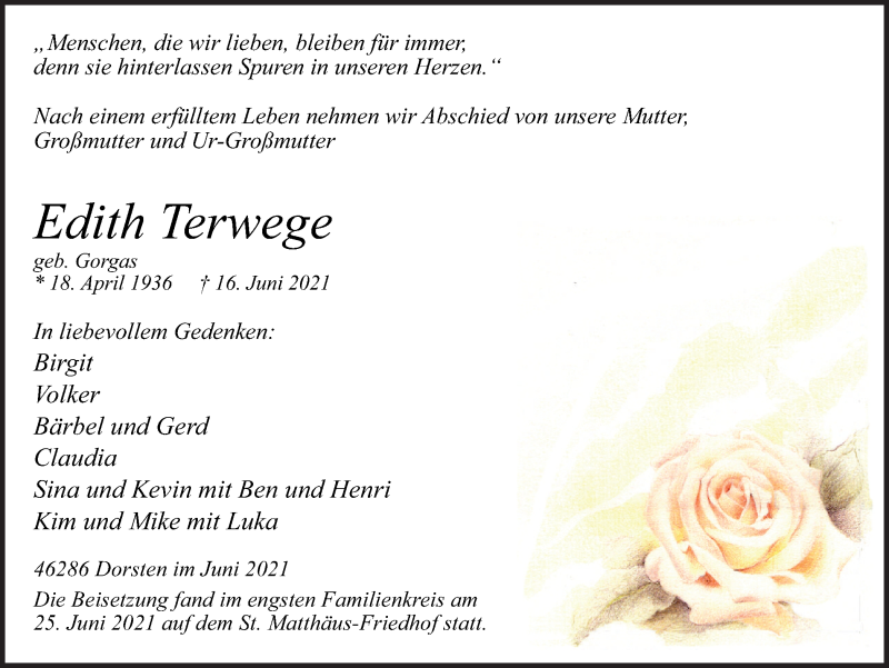  Traueranzeige für Edith Terwege vom 26.06.2021 aus Ruhr Nachrichten und Dorstener Zeitung