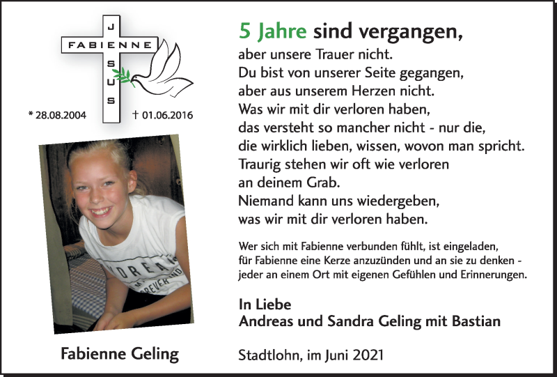  Traueranzeige für Fabienne Geling vom 01.06.2021 aus Münstersche Zeitung und Münsterland Zeitung
