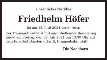 Traueranzeige von Friedhelm Höfer von Ruhr Nachrichten und Dorstener Zeitung