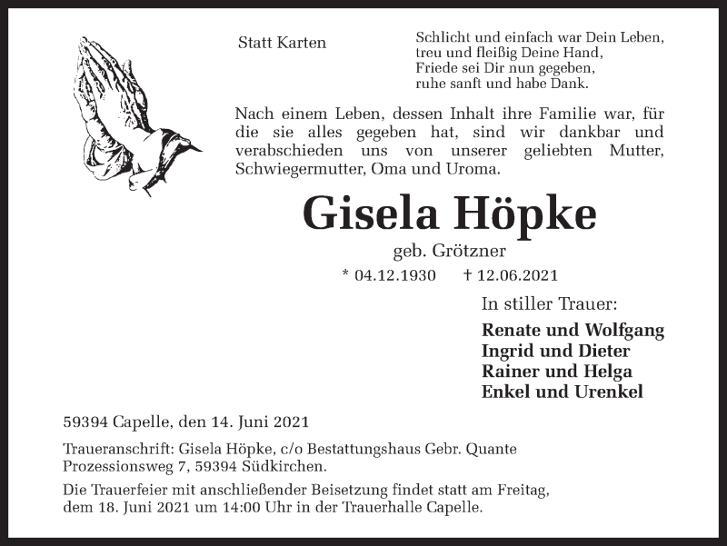  Traueranzeige für Gisela Höpke vom 16.06.2021 aus Ruhr Nachrichten
