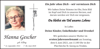 Traueranzeige von Hanna Gescher von Münstersche Zeitung und Münsterland Zeitung