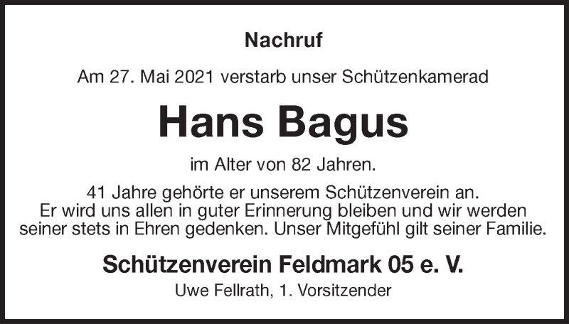  Traueranzeige für Hans Bagus vom 02.06.2021 aus Münstersche Zeitung und Münsterland Zeitung