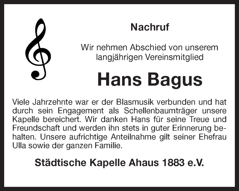  Traueranzeige für Hans Bagus vom 05.06.2021 aus Münstersche Zeitung und Münsterland Zeitung