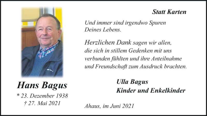  Traueranzeige für Hans Bagus vom 26.06.2021 aus Münstersche Zeitung und Münsterland Zeitung