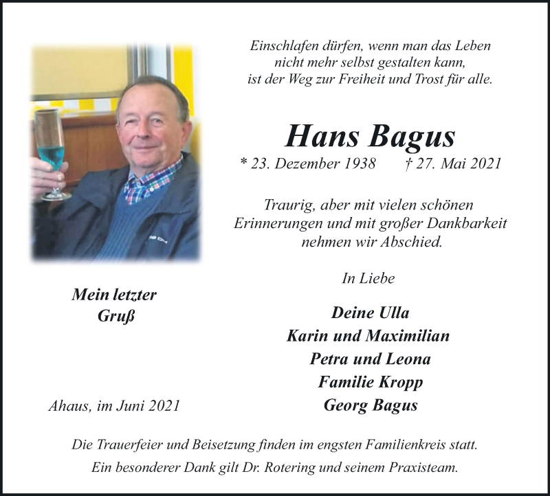  Traueranzeige für Hans Bagus vom 01.06.2021 aus Münstersche Zeitung und Münsterland Zeitung